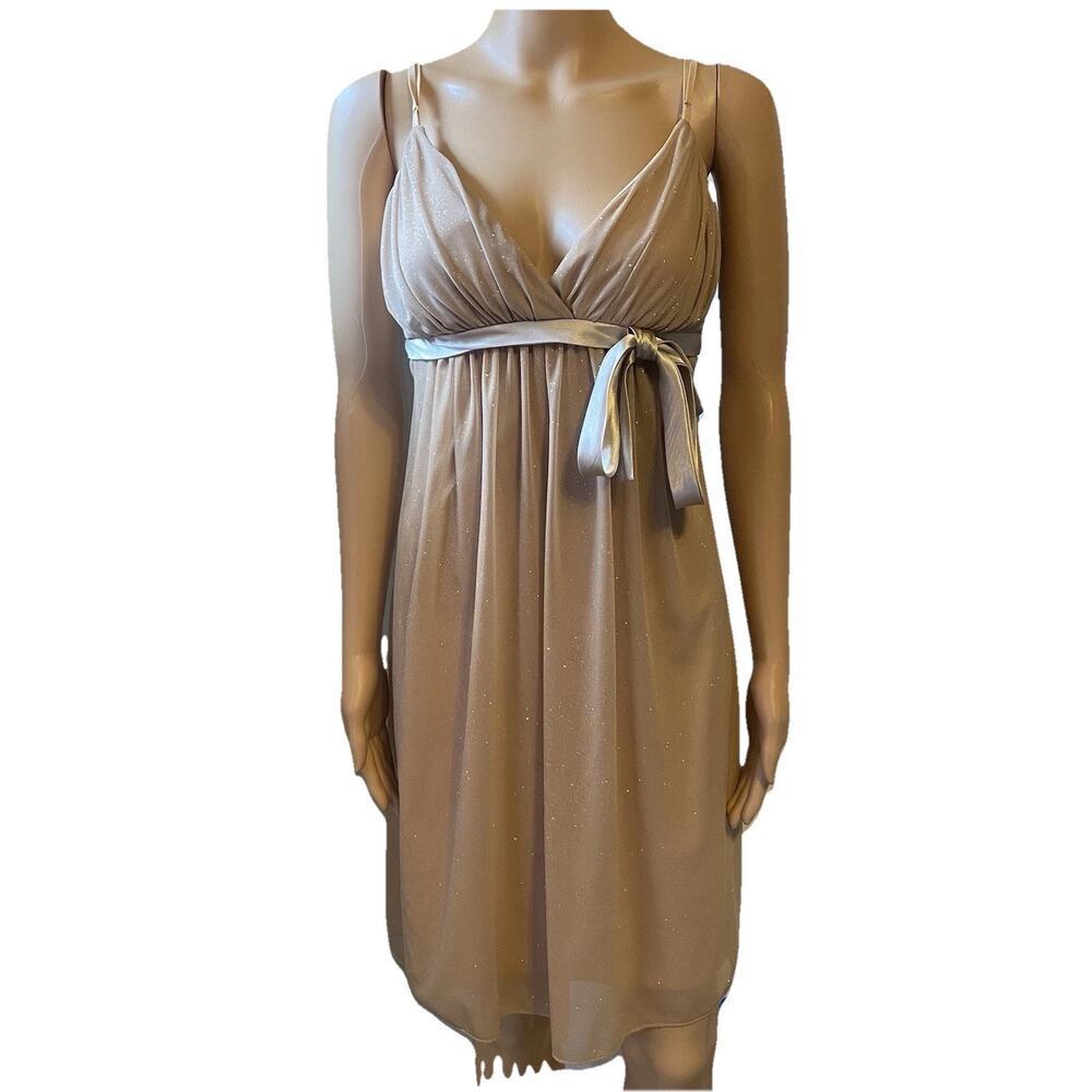 FirstKiss Y2K Dress Sz M Babydoll Fairy Metallic Gold Mini Spaghetti Strap Bow